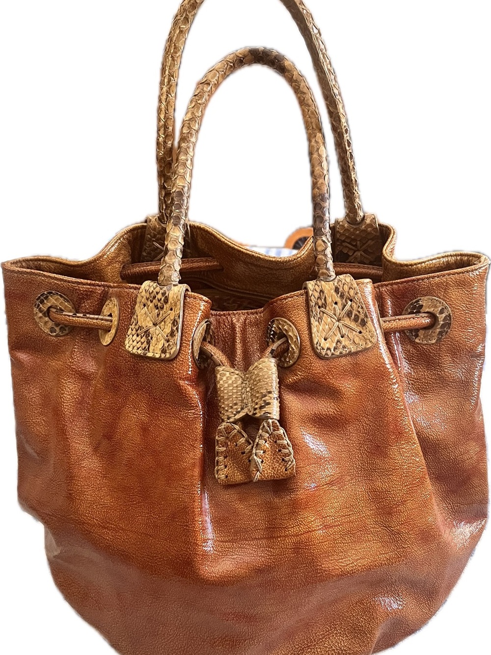 Carlos Falchi Cognac Leather Tote with Snakeskin Trim